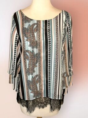 Chico’s Paisley Lace-Hem Ruffled Sleeve Blouse Size 0 Reg 4/6/S